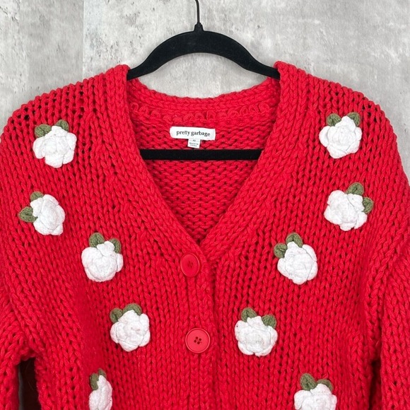 Pretty Garbage Sweater Womens Size Small Red Chunky Knit Button Front Flowers - Picture 2 of 5